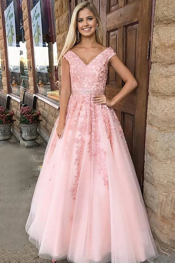 Vestidos de fiesta largos de tul con corte A, corte princesa, escote en V y largo hasta el suelo con apliques